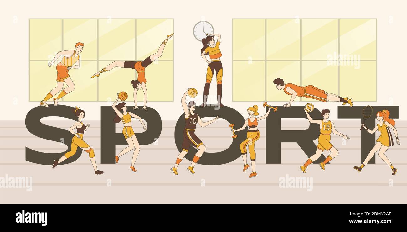 Modello banner parola sport. Giovani uomini e donne felici in tute sportive facendo esercizi sportivi, fitness, giocare giochi sportivi vettore cartoon illustrazione del profilo. Poster club fitness. Illustrazione Vettoriale