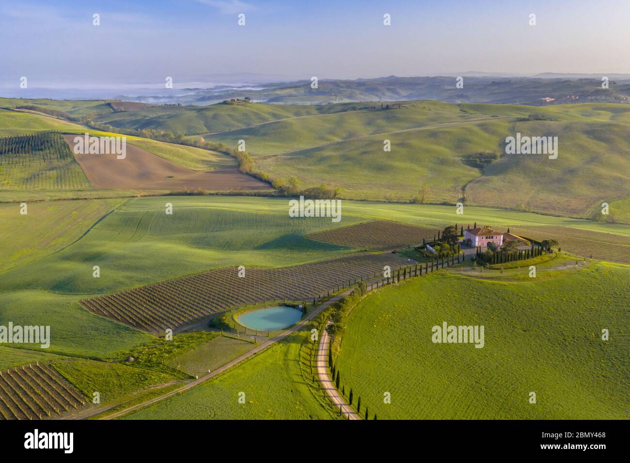 Veduta aerea della campagna Collinare della Toscana in nebbia al mattino in Val d'orcia, Italia, aprile. Foto Stock