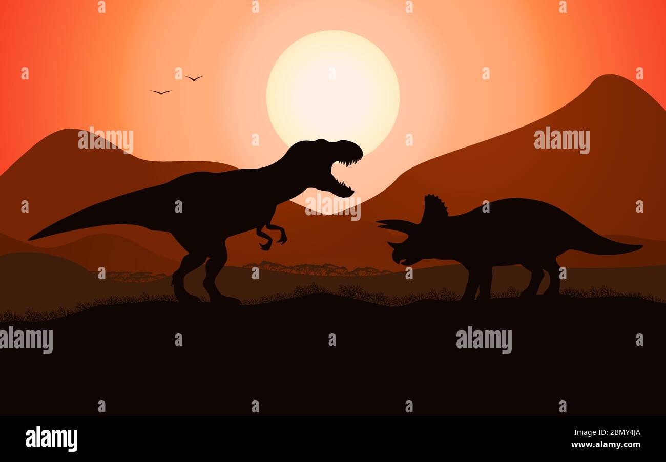 Silhouette da battaglia di dinosauri T-rex contro triceratops. Illustrazione vettoriale di una battaglia di dinosauri su uno sfondo di tramonto giurassico. Illustrazione Vettoriale