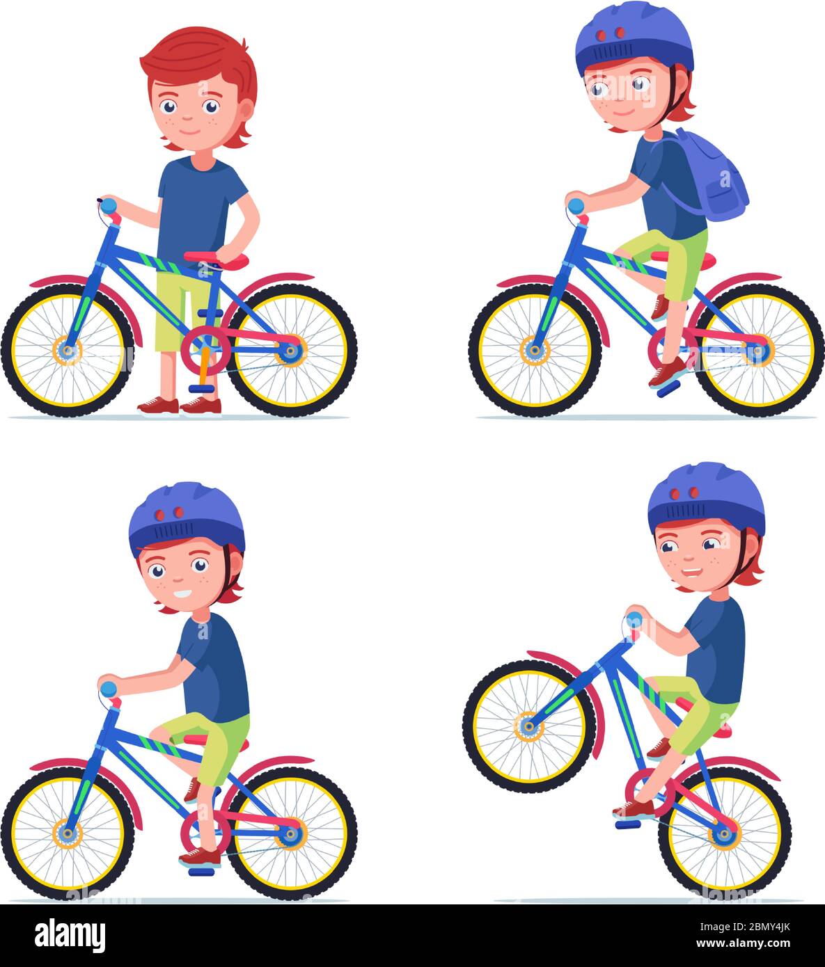 Ragazzo in bicicletta. Il bambino cartoon di illustrazione vettoriale in un  casco guida una bicicletta. Set ragazzo in bicicletta in varie pose. Bambino  con uno zaino in un lui Immagine e Vettoriale -
