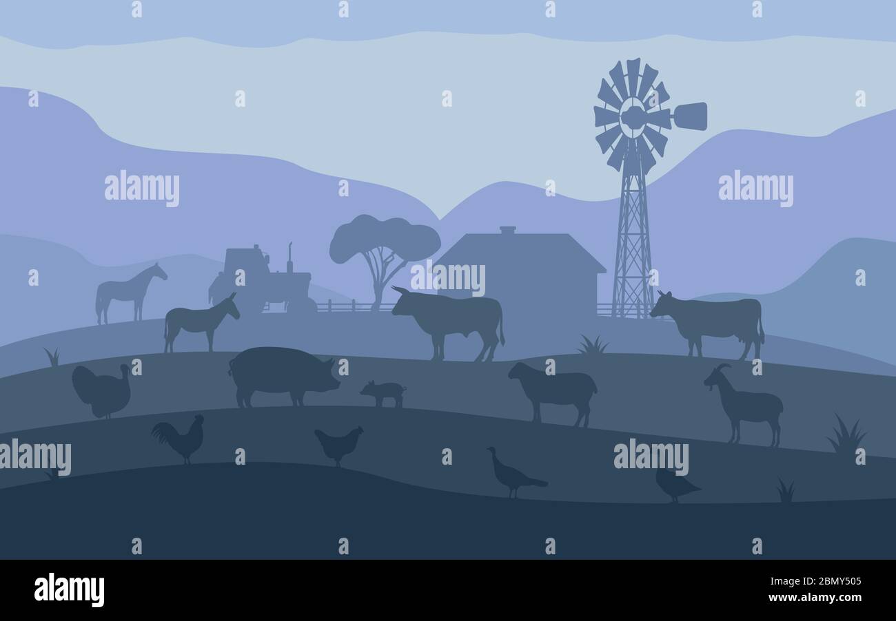 Animali da fattoria. Bestiame sullo sfondo del villaggio, insediamento rurale. Illustrazione vettoriale della silhouette degli animali da fattoria al buio. Anche paesaggio Illustrazione Vettoriale