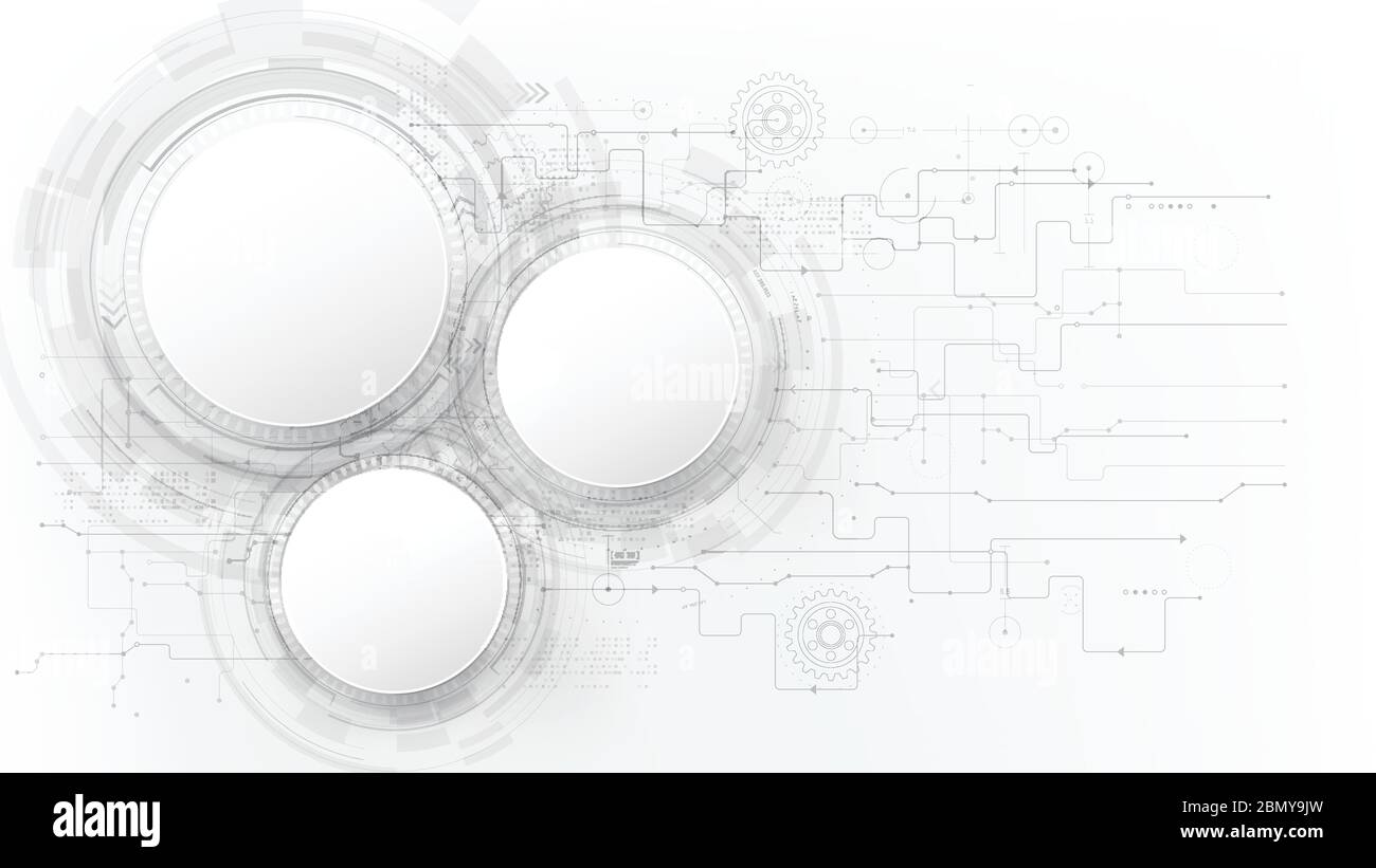 Futuristico e tecnologicamente grigio con sfondo astratto bianco, interfaccia display head-up Circle HUD per la comunicazione e l'innovazione del concetto informatico, Illustrazione Vettoriale
