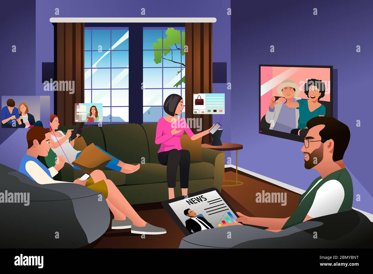 Un'illustrazione vettoriale di Family Using Technology at Home durante la quarantena Illustrazione Vettoriale