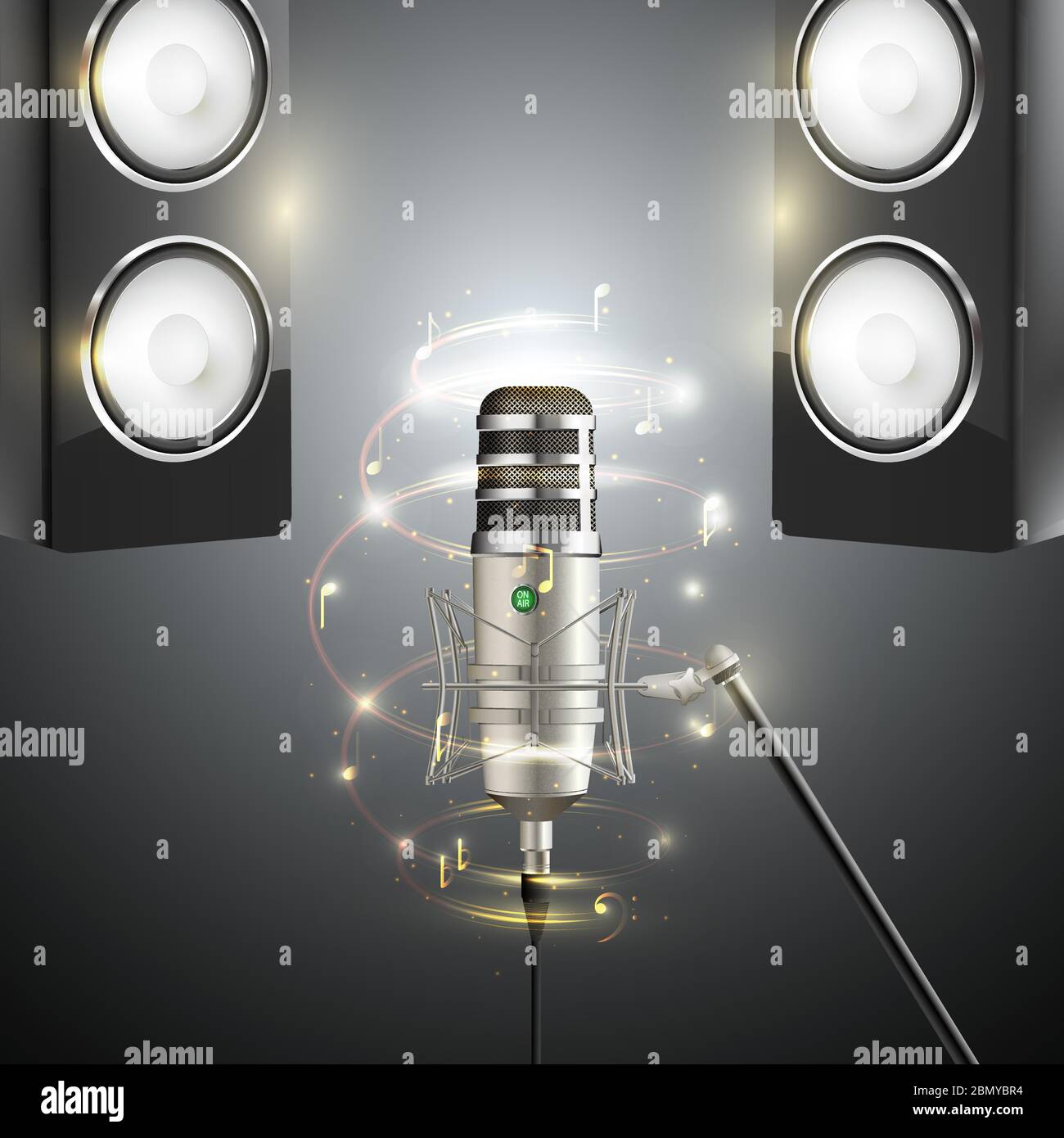 Microfono professionale e sistemi acustici su sfondo grigio, con nastro luminoso Illustrazione Vettoriale