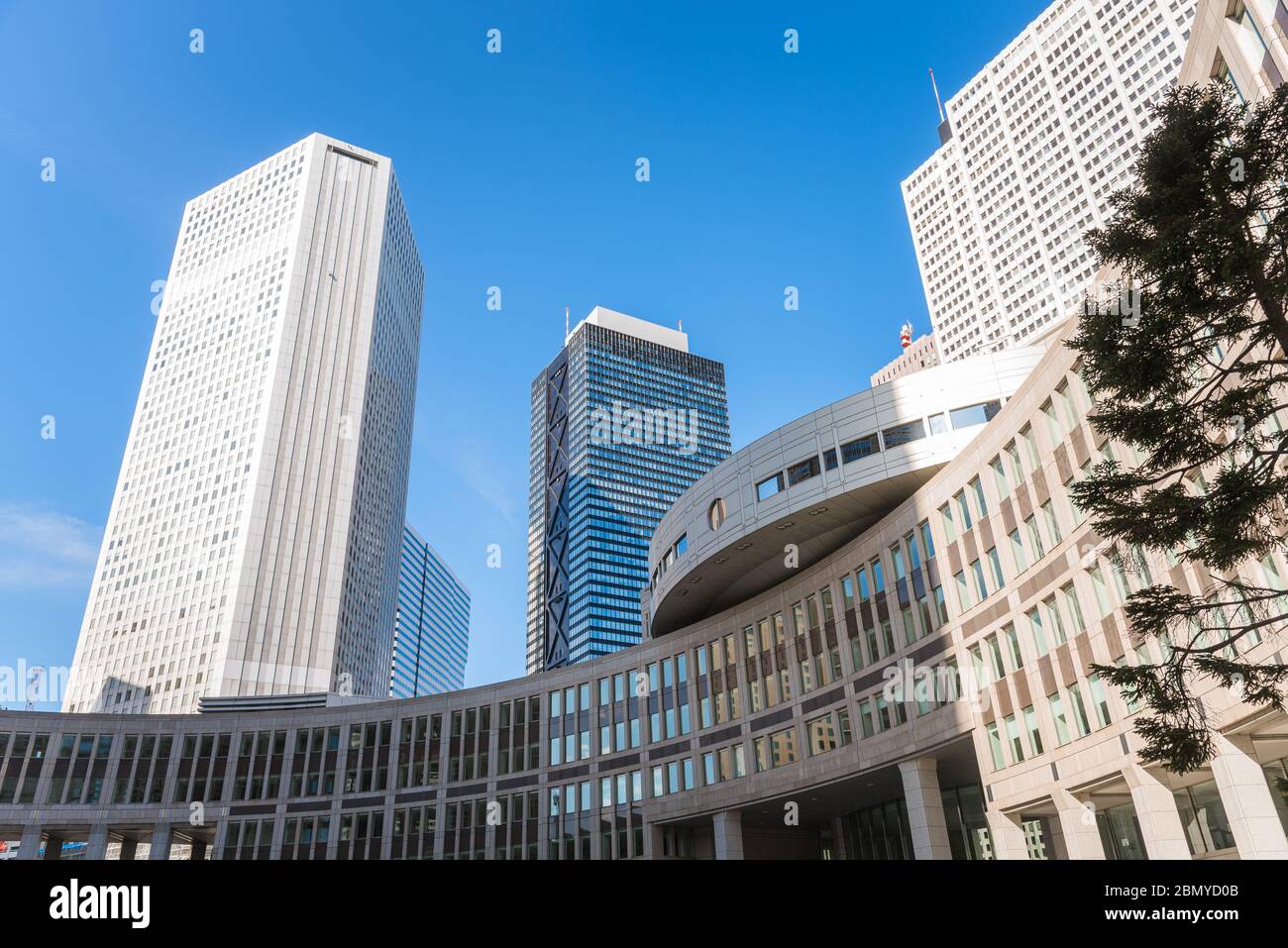 Alti edifici di uffici in un quartiere finanziario a Tokyo in un giorno limpido di inizio primavera Foto Stock