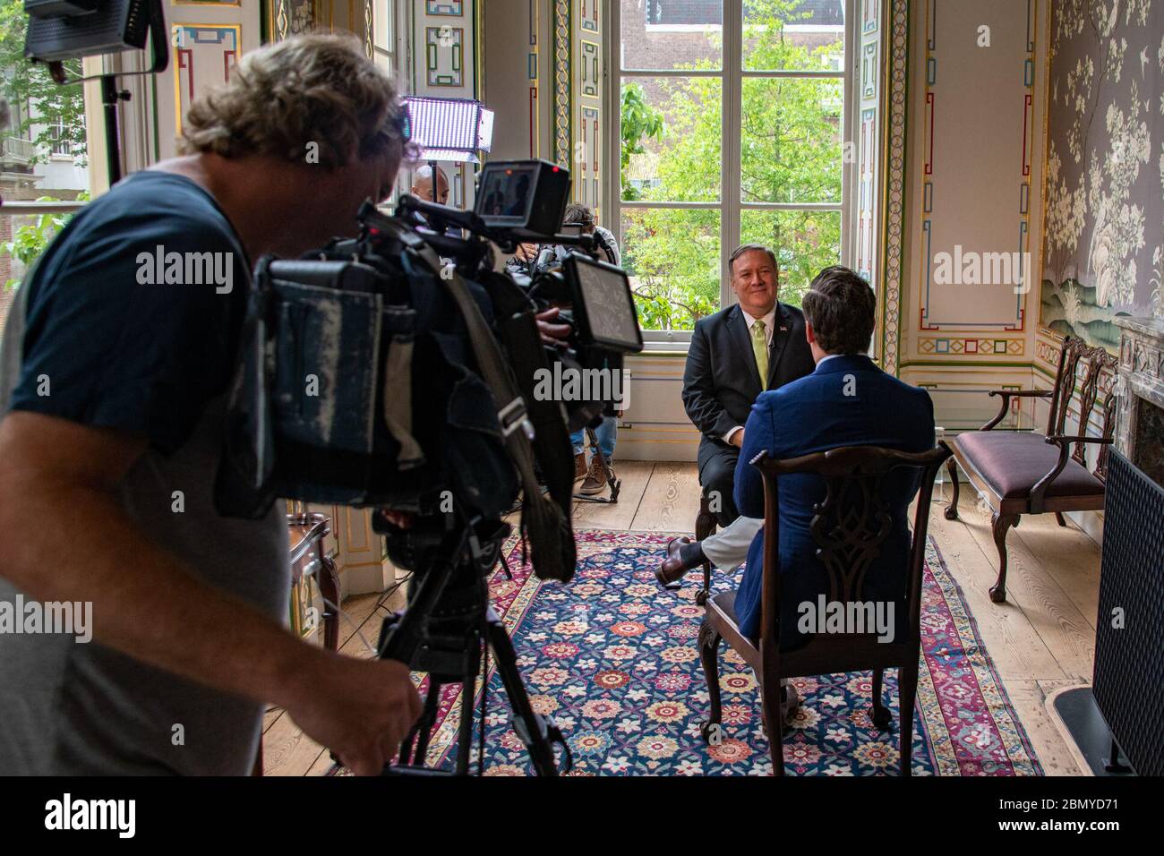 Il 3 giugno 2019, il Segretario di Stato degli Stati Uniti Michael R. Pompeo ha partecipato a interviste dei media a l'Aia, nei Paesi Bassi, discutendo questioni chiave di politica estera. Foto Stock