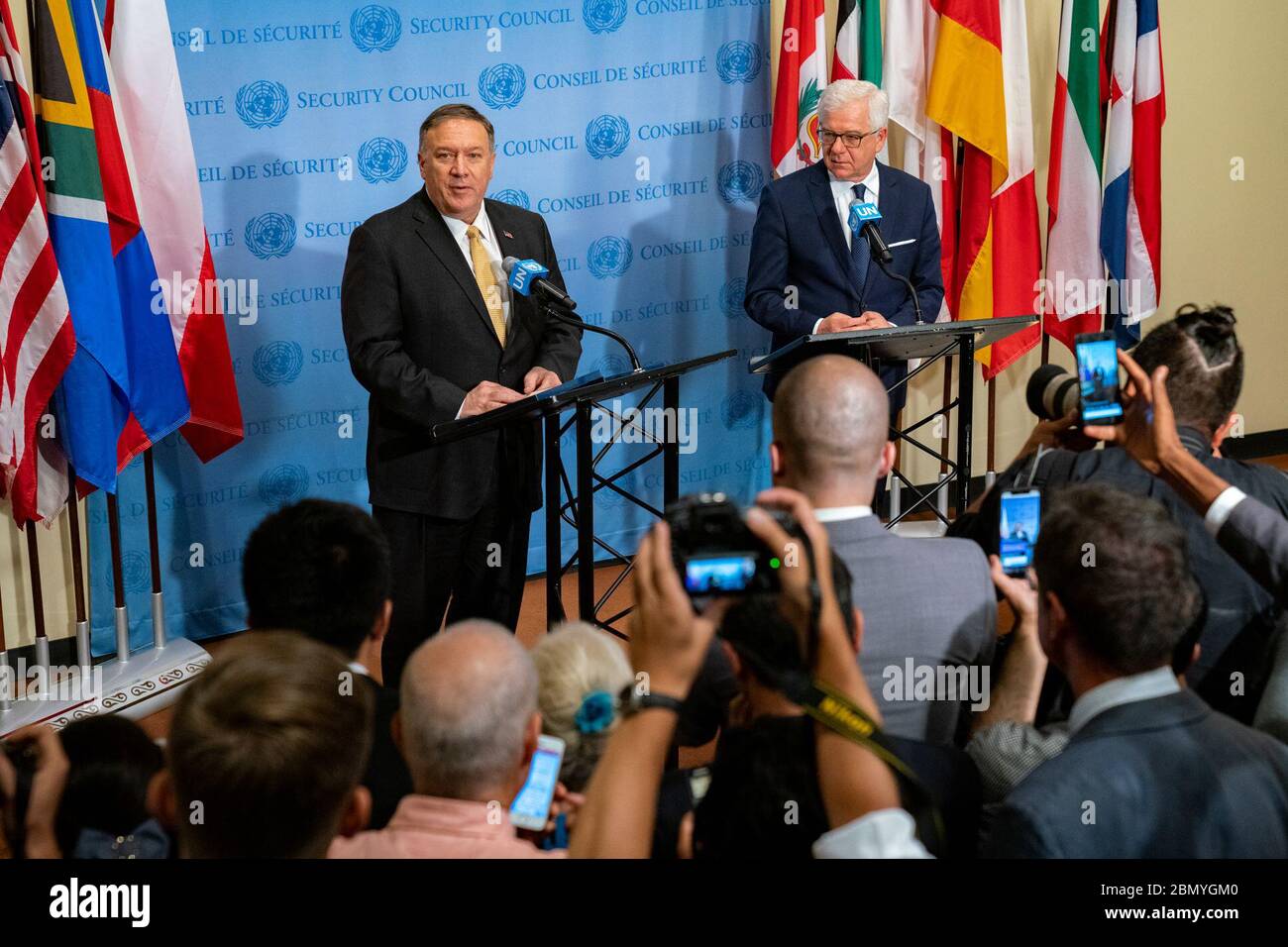 Il 20 agosto 2019, il Segretario di Stato americano Mike Pompeo tenne una stampa congiunta con il ministro degli Esteri polacco Jacek Czaputowicz a New York. Hanno discusso le relazioni USA-Polonia e la cooperazione internazionale alle Nazioni Unite. Foto Stock