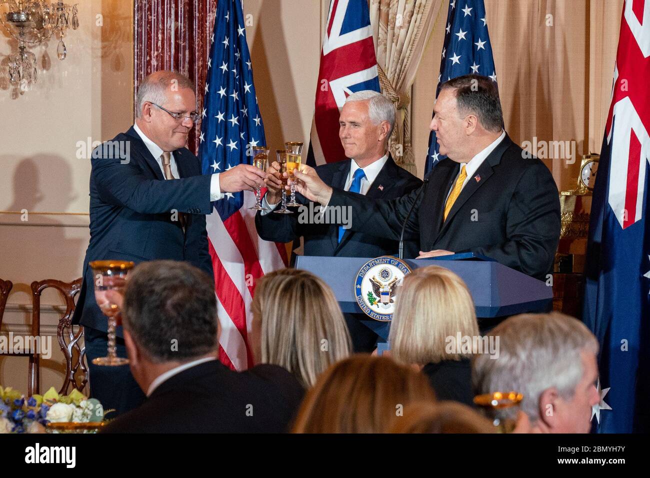 Il 20 settembre 2019, il Segretario di Stato americano Mike Pompeo e il Vice Presidente Mike Pence hanno ospitato un pranzo di Stato in onore del primo Ministro australiano Scott Morrison e di sua moglie, la signora Morrison, presso il Dipartimento di Stato degli Stati Uniti a Washington Foto Stock