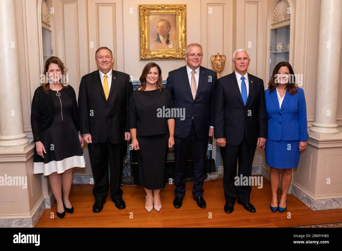 Il segretario di Stato Michael Pompeo e il vicepresidente Mike Pence ospitano un pranzo di Stato per il primo ministro australiano Scott Morrison e la signora Morrison il 20 settembre 2019 presso il Dipartimento di Stato degli Stati Uniti. Foto Stock