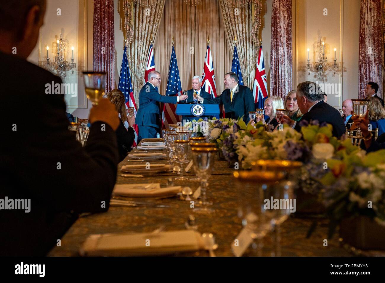 Il Segretario di Stato degli Stati Uniti Michael R. Pompeo e il Vice Presidente Mike Pence hanno ospitato un pranzo di Stato per il primo Ministro australiano Scott Morrison e la signora Morrison presso il Dipartimento di Stato degli Stati Uniti a Washington, D.C. il 20 settembre 2019. L'evento ha celebrato la partnership tra Stati Uniti e Australia. Foto Stock
