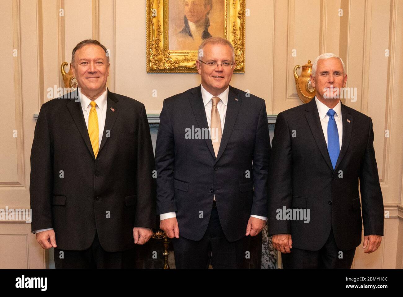 Il Segretario di Stato Michael Pompeo e il Vice Presidente Mike Pence ospitano un pranzo di Stato in onore del primo Ministro australiano Scott Morrison e della signora Morrison il 20 settembre 2019, presso il Dipartimento di Stato degli Stati Uniti a Washington, D.C. Foto Stock