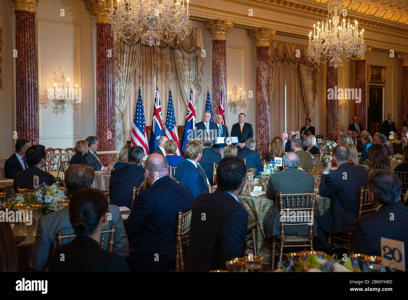 Il 20 settembre 2019, il Segretario di Stato degli Stati Uniti Michael Pompeo e il Vice Presidente Mike Pence hanno ospitato un pranzo di Stato presso il Dipartimento di Stato degli Stati Uniti in onore del primo Ministro australiano Scott Morrison e di sua moglie, la signora Morrison. Foto Stock