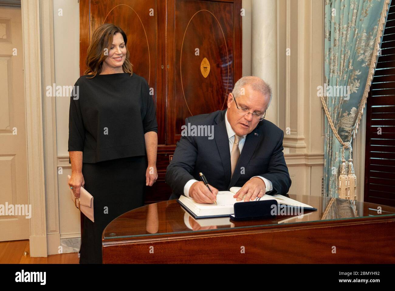 Il 20 settembre 2019, il Segretario di Stato degli Stati Uniti Michael R. Pompeo e il Vice Presidente Mike Pence hanno ospitato un pranzo di Stato presso il Dipartimento di Stato degli Stati Uniti a Washington, D.C., in onore del primo Ministro australiano Scott Morrison e della signora Morrison. L'evento celebrò le relazioni tra Stati Uniti e Australia. Foto Stock