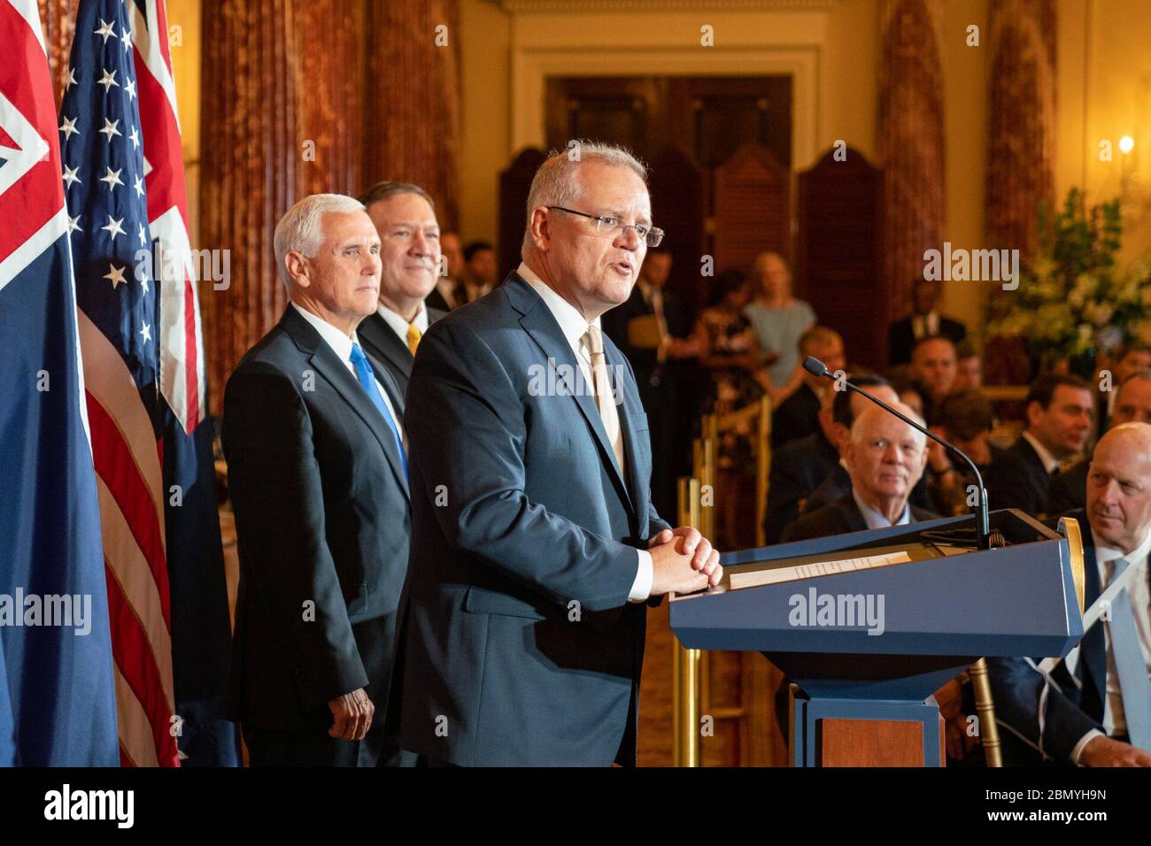 Il 20 settembre 2019, il Segretario di Stato degli Stati Uniti Michael Pompeo e il Vice Presidente Mike Pence hanno ospitato un pranzo di Stato a Washington, D.C., per onorare il primo Ministro australiano Scott Morrison e sua moglie, la signora Morrison, celebrando la relazione tra Stati Uniti e Australia. Foto Stock