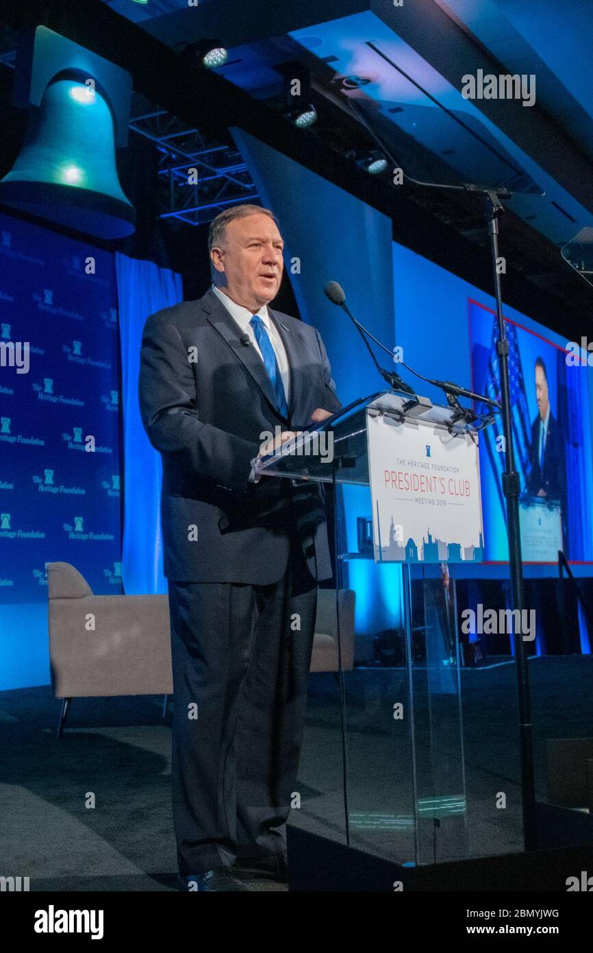 Il 22 ottobre 2019, il Segretario di Stato degli Stati Uniti Michael R. Pompeo ha tenuto un discorso intitolato "Trump Administration Diplomacy: The Untold Story" all'Heritage Foundation President's Club Meeting a Washington, D.C. l'indirizzo si è concentrato sui risultati diplomatici dell'amministrazione Trump. Foto Stock