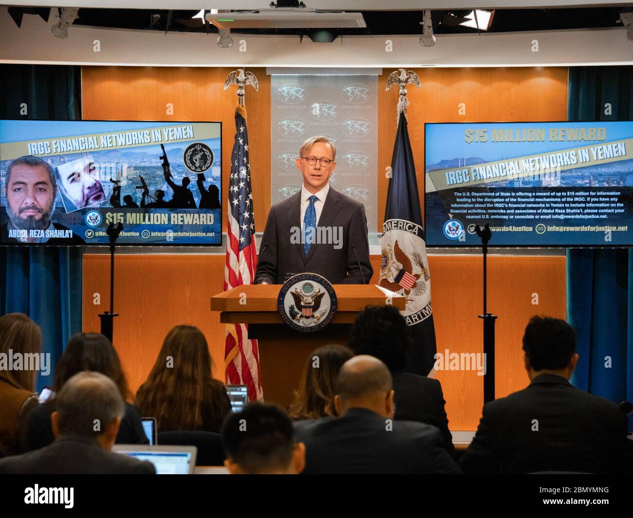 Il 5 dicembre 2019, il rappresentante speciale per l'Iran, Brian Hook, si rivolse ai giornalisti del Dipartimento di Stato degli Stati Uniti a Washington, D.C., discutendo delle politiche statunitensi nei confronti dell'Iran. Foto Stock