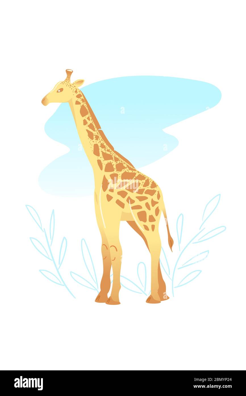 Giraffa gialla su sfondo bianco. Cartoon animale biglietto di auguri. Illustrazione vettoriale modello africano. Cartolina isolata a carattere piatto Camelope. Fauna selvatica bambini stampare arte. Illustrazione Vettoriale