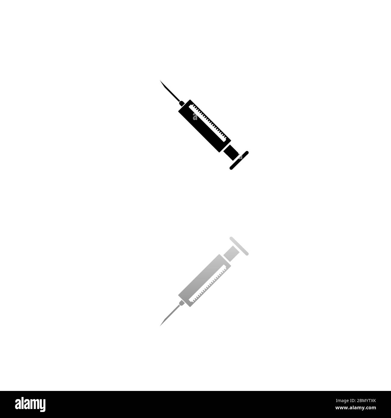 Siringa. Simbolo nero su sfondo bianco. Illustrazione semplice. Icona vettore piatto. Specchia ombra di riflessione. Può essere utilizzato in logo, Web, mobile e UI UX Illustrazione Vettoriale