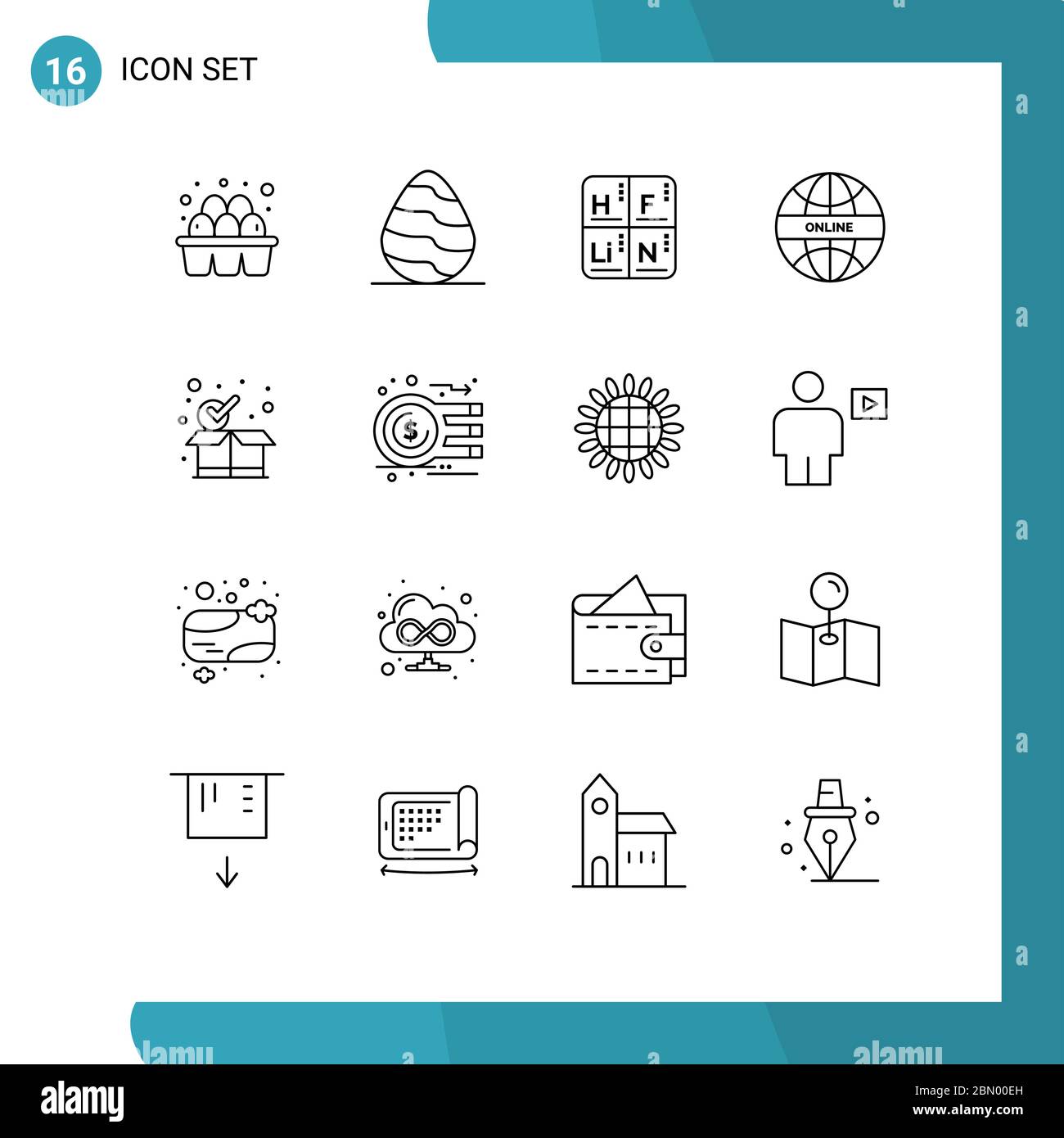 Pacchetto icone vettoriali di 16 simboli e insegne per pacchetti, mondo, periodici, online, elementi di progettazione vettoriale globali Illustrazione Vettoriale