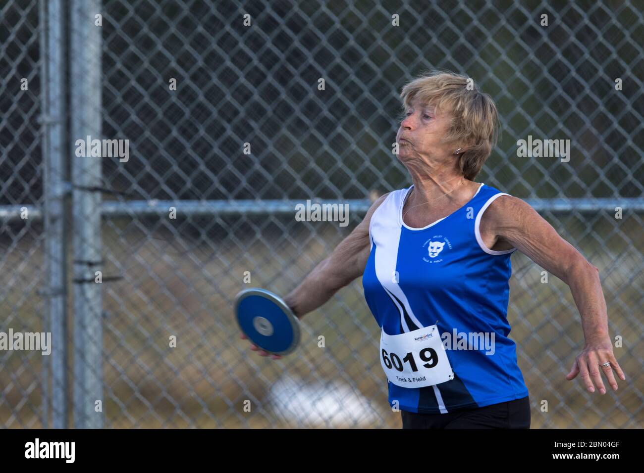 Senior Ladies Discus tiro concorrenza. gruppo di 60 anni, che si sta per rilasciare. Foto Stock