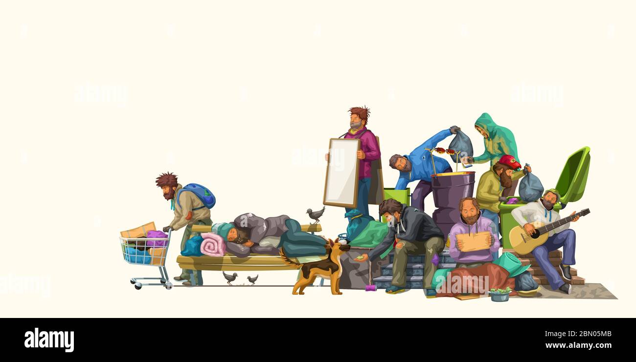 grande gruppo di persone senza tetto città Illustrazione Vettoriale
