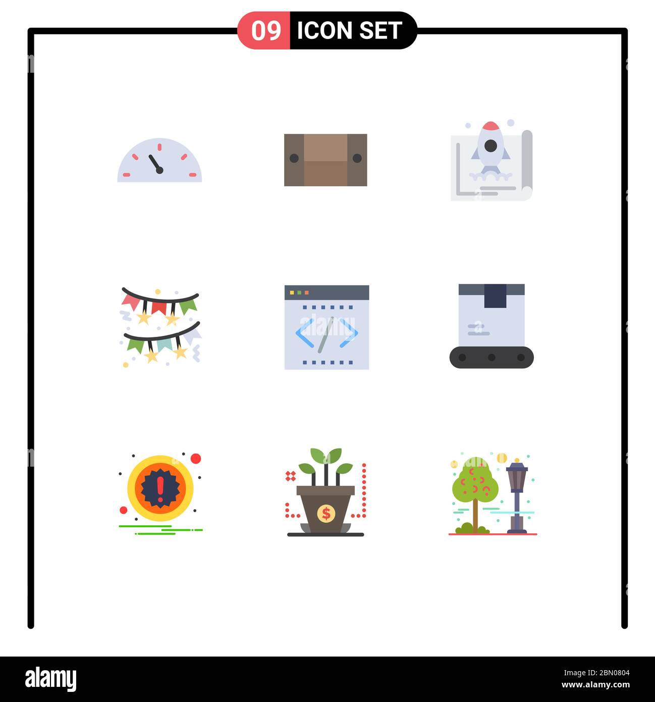 Pacchetto icone vettoriali di 9 simboli e insegne per codifica, party notturno, lancio, rosso, elementi di progettazione vettoriale modificabili a prua Illustrazione Vettoriale