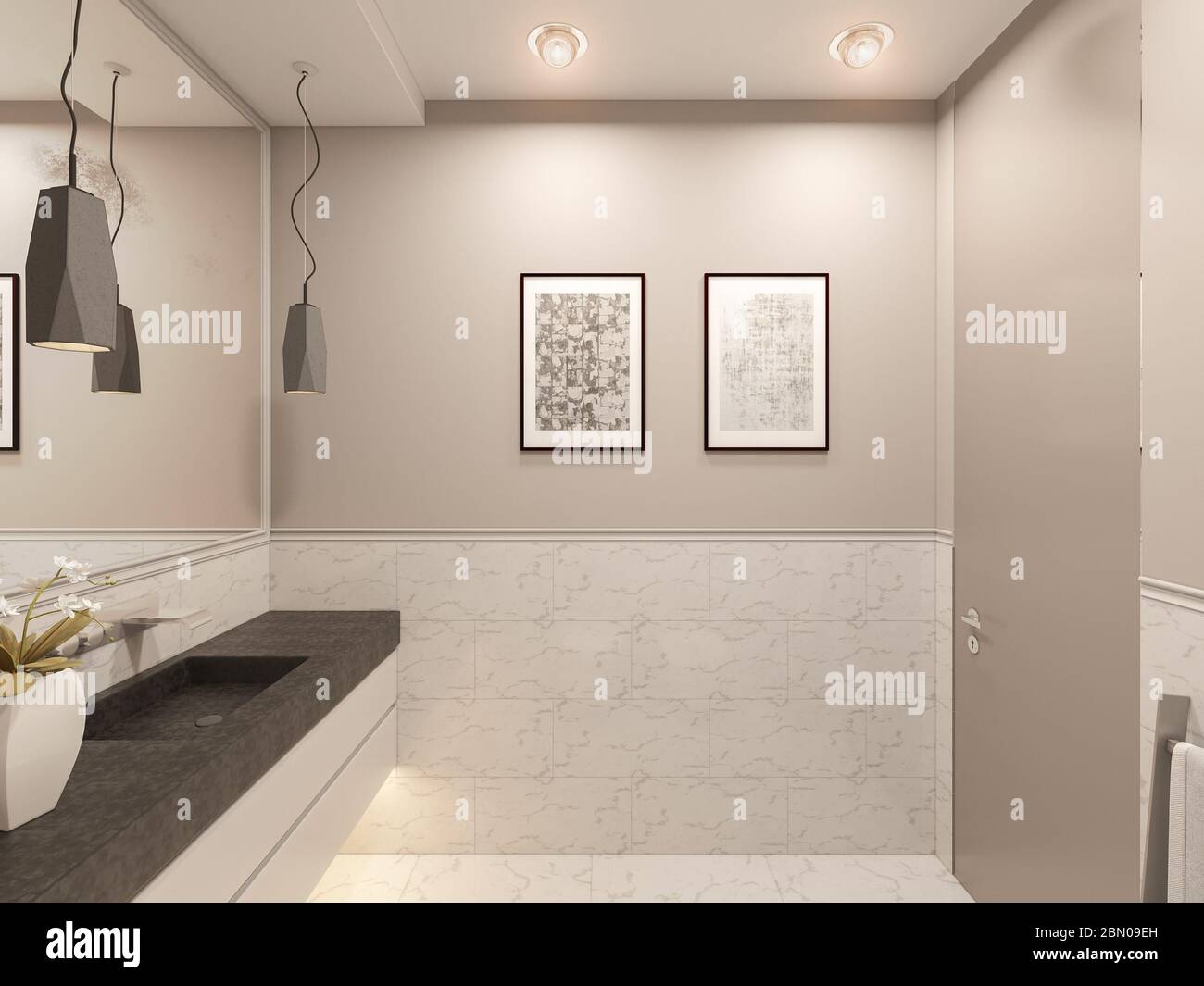 Rendering 3D, interno del bagno in un cottage privato. Illustrazione del design interno della toilette in stile americano moderno tradizionale. Design del bagno Foto Stock