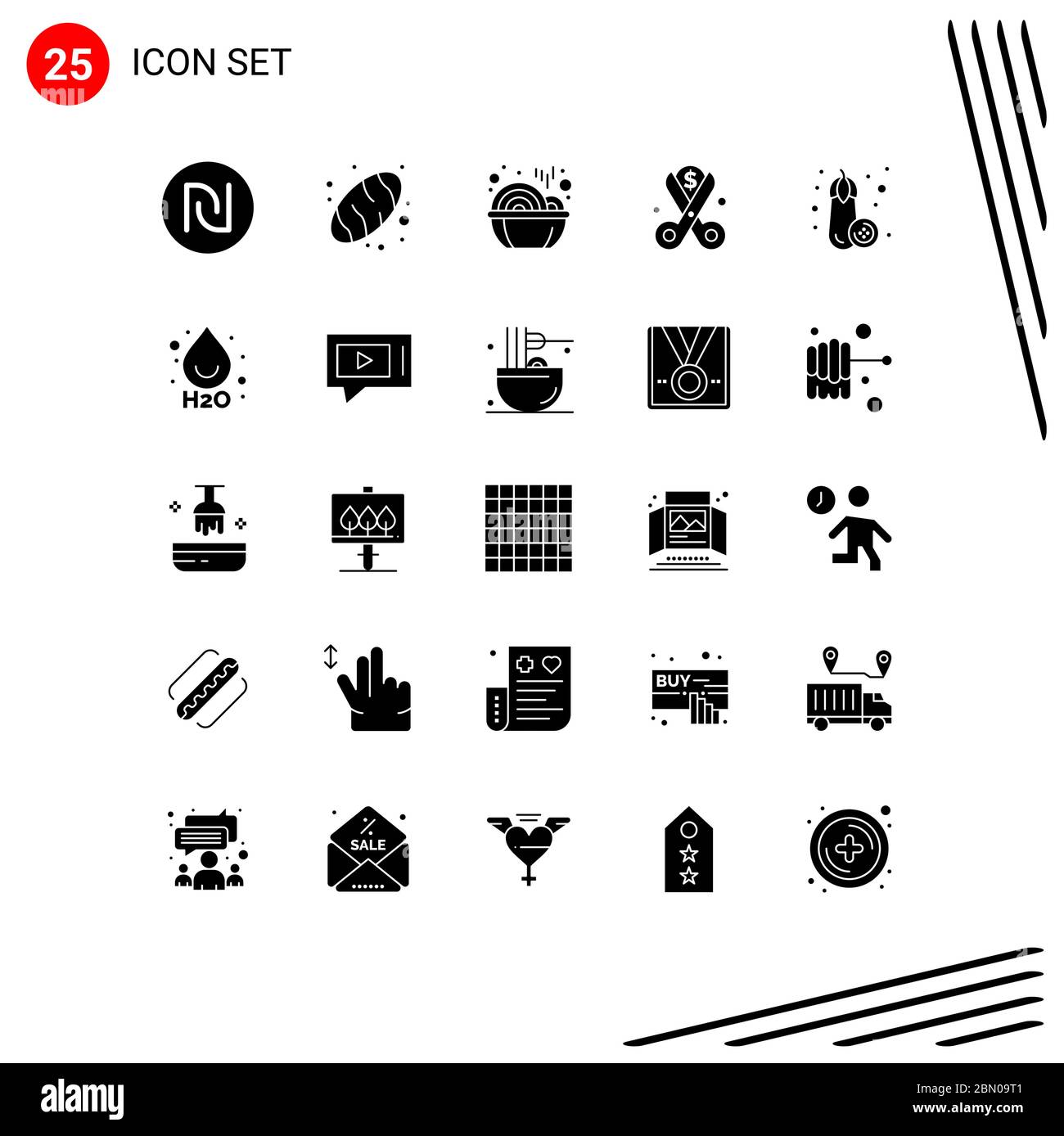 25 glifi solidi vettoriali tematici e simboli editabili di cibo, spesa, nuovo, riduzione, taglio elementi di progettazione vettoriale editabili Illustrazione Vettoriale