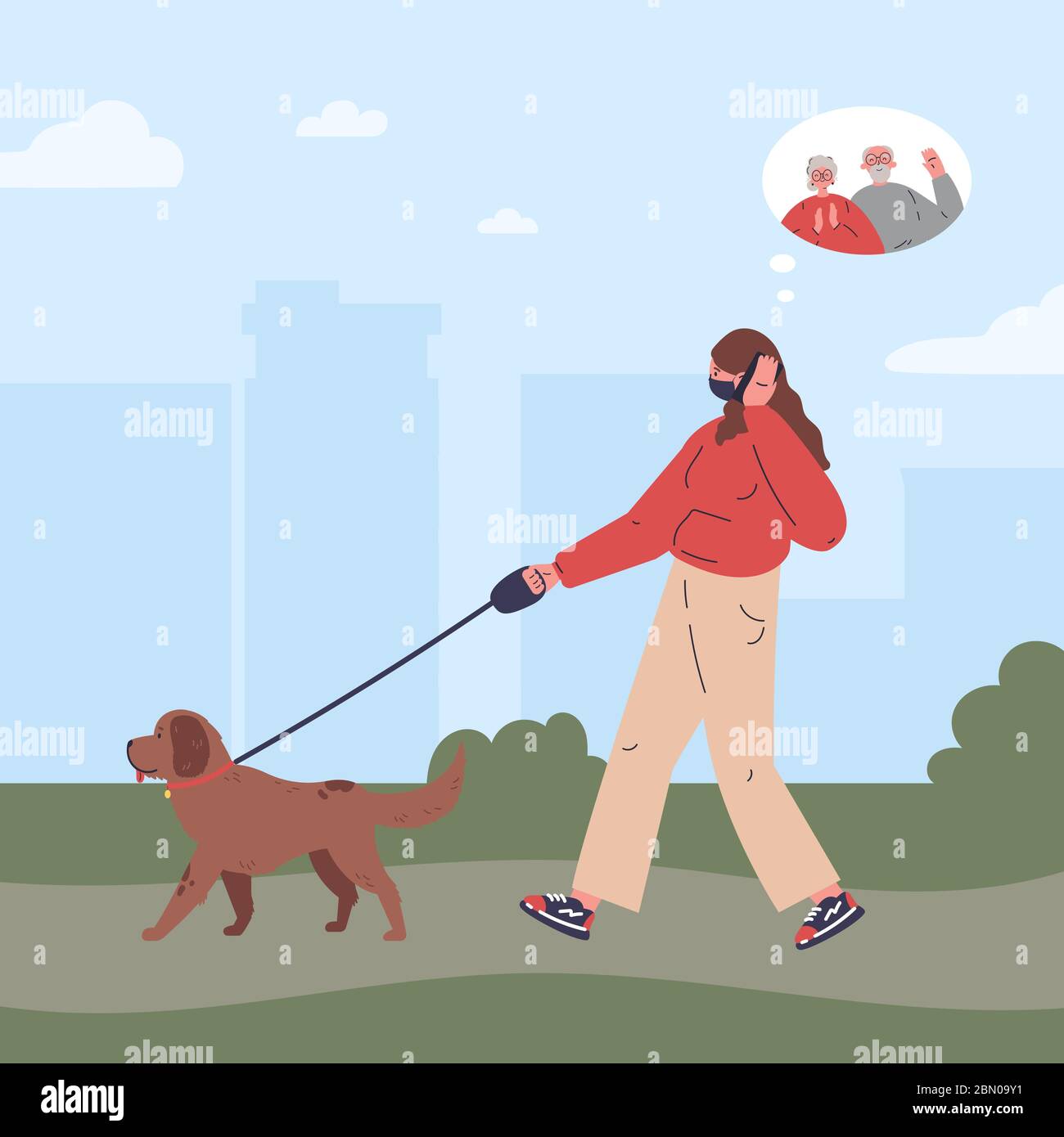 Donna in maschera medica a piedi un cane Illustrazione Vettoriale