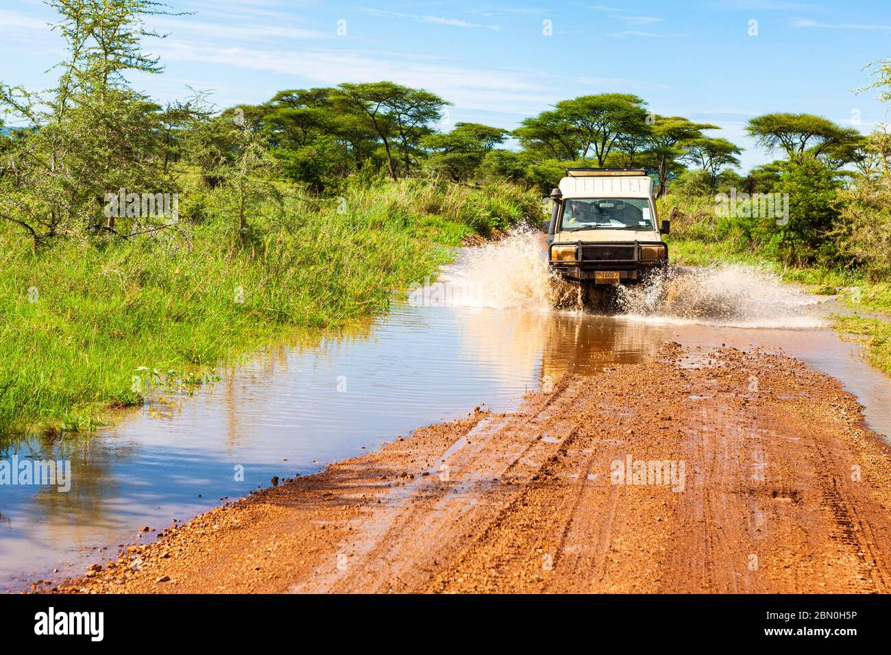 Jeep attraversa un guado con acqua, Parco Nazionale Serengeti, Tanzania Foto Stock