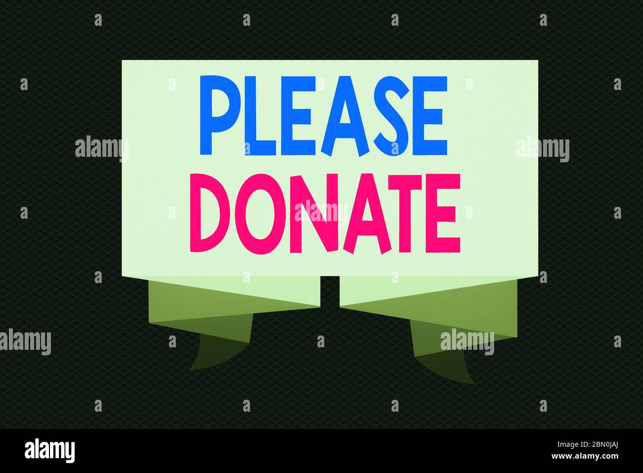 Nota di scrittura che mostra Please Donate. Concetto di affari per consegna consegna consegna consegna contribuire aiuti di sovvenzione a Charity Ribbon Sash piegato e Pleated Decora Foto Stock