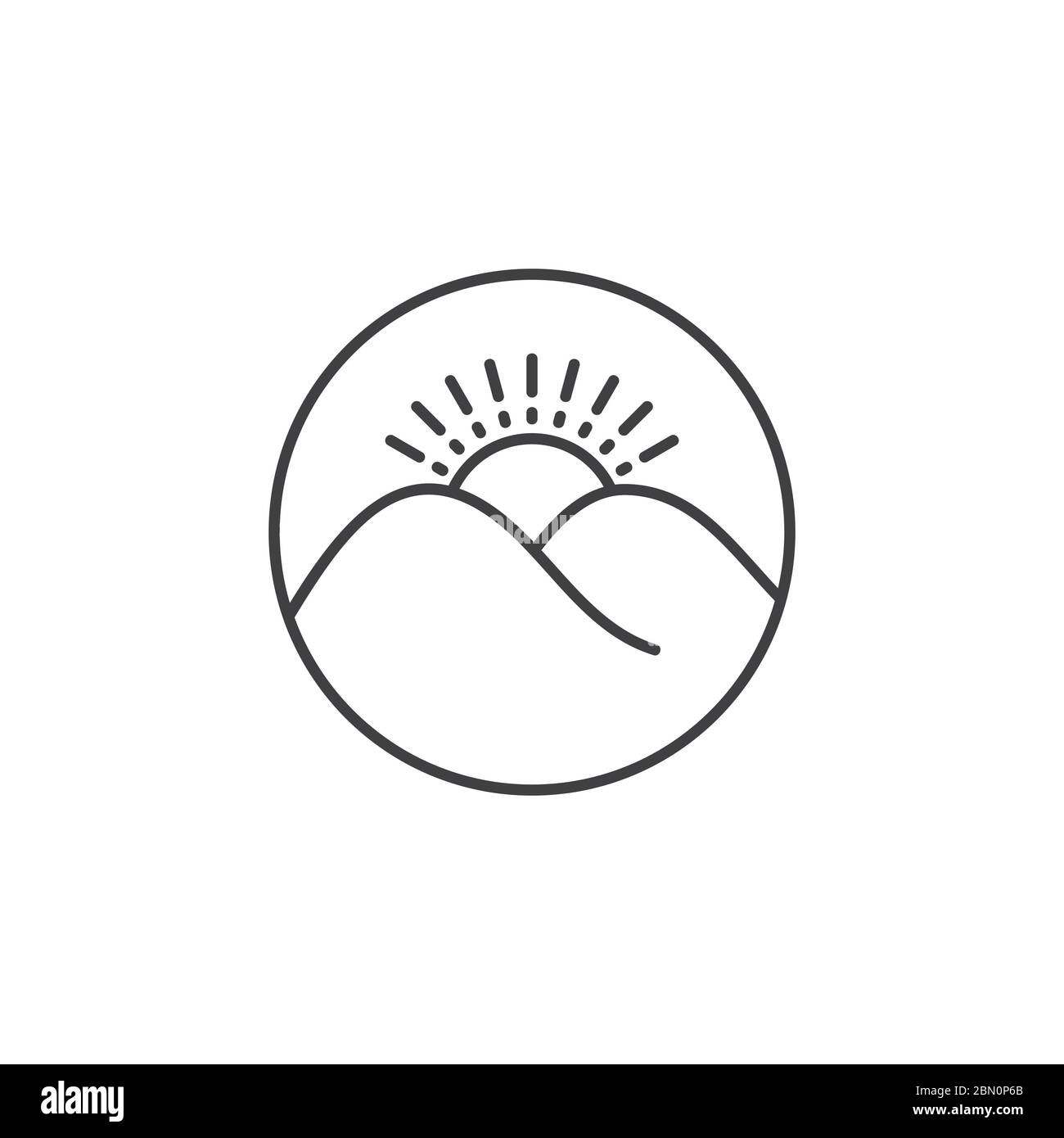 linee sottili montagna sole sorgere cerchio vintage logo vettore Illustrazione Vettoriale