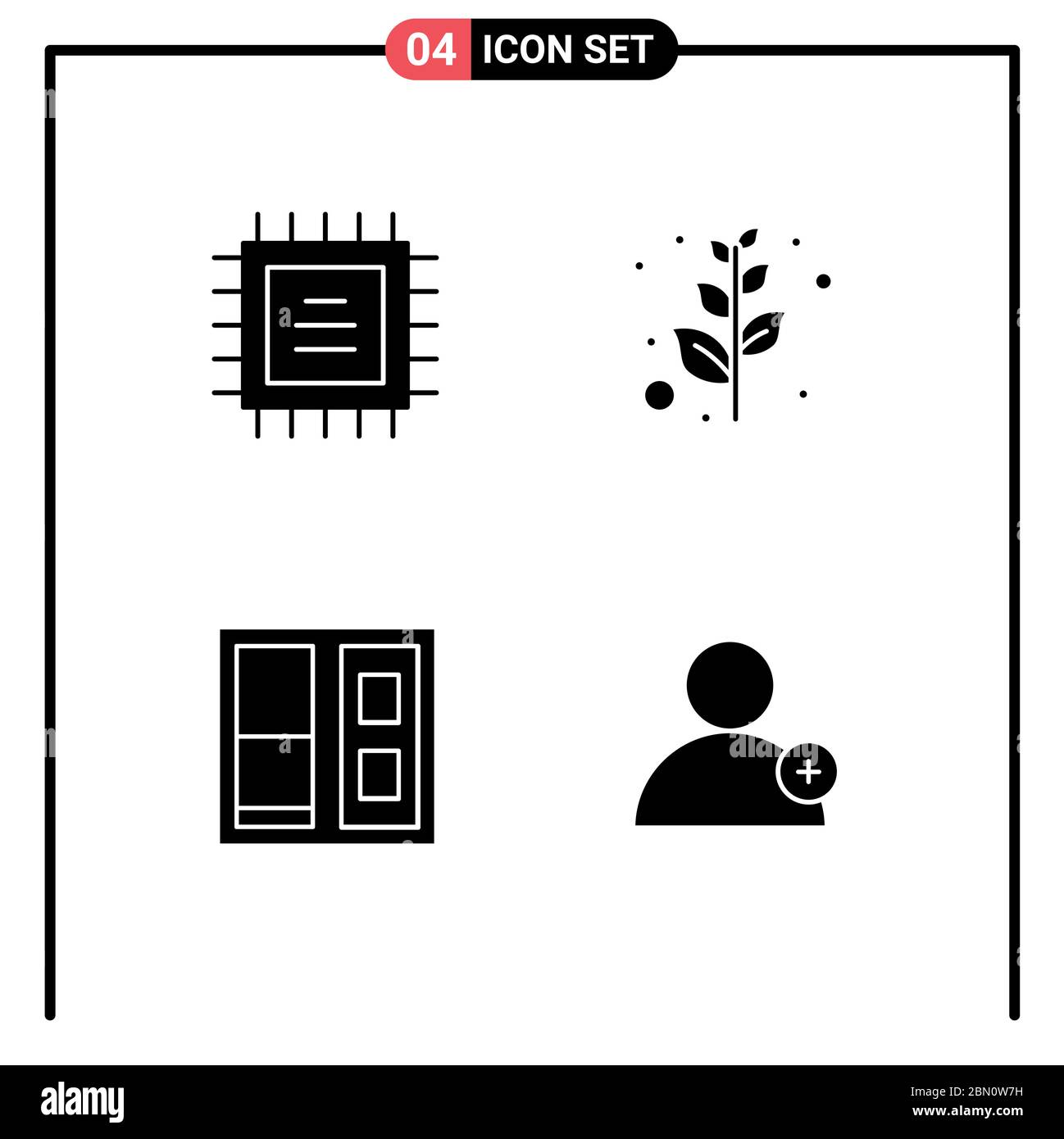 Set di 4 icone moderne dell'interfaccia utente simboli per chip, follow, diramazione, costruzione, elementi di progettazione vettoriale modificabili dall'utente Illustrazione Vettoriale