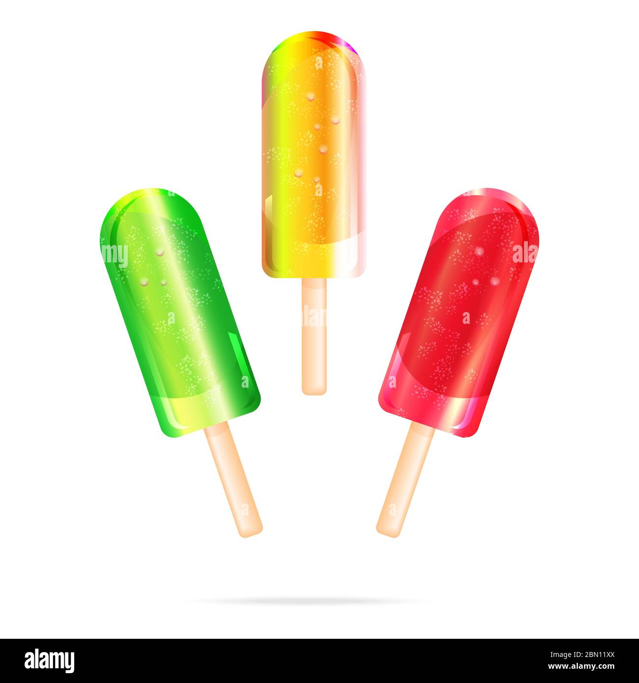 Collezione, set di gelati colorati o lollies su un bastone. Gelato Vector, sorbetto set. Gelato o sorbe realistico con cartoni verdi, gialli e rossi Illustrazione Vettoriale