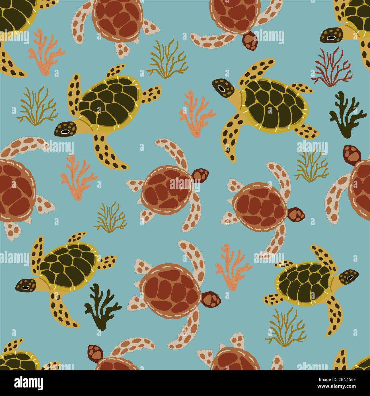 Disegno senza cuciture con tartarughe e coralli marini, su sfondo blu, in stile cartoon. Per la progettazione di tessuti, carta da imballaggio, stampe per copertine di Illustrazione Vettoriale