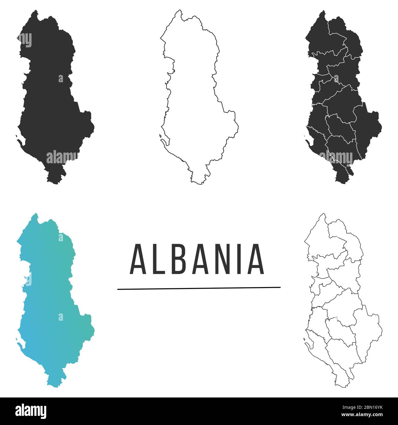 Mappa Albania. Il paese sotto forma di frontiere con le regioni. Illustrazione vettoriale di scorta isolata su sfondo bianco. Illustrazione Vettoriale