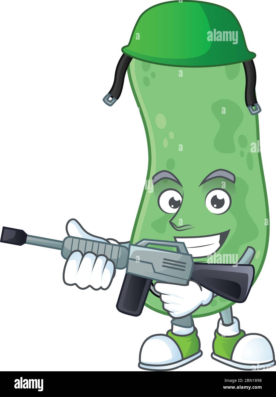 Un elegante stile di design della mascotte dell'Esercito enterobatteriaceae con pistola automatica Illustrazione Vettoriale