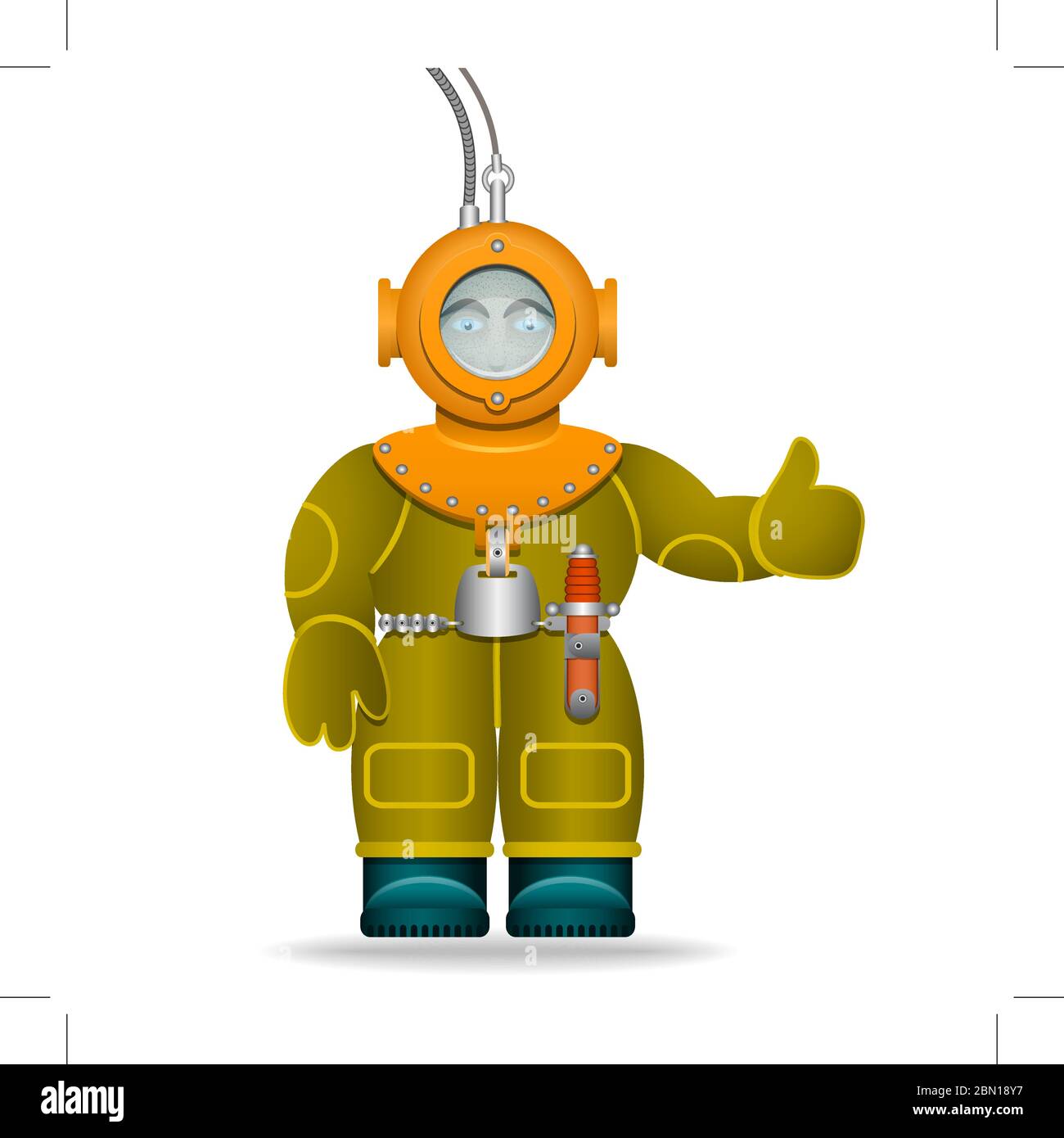 Un uomo in un vecchio costume da immersione. Casco subacqueo. Oggetto isolato. Personaggio cartoon. Immagine vettoriale. Illustrazione Vettoriale