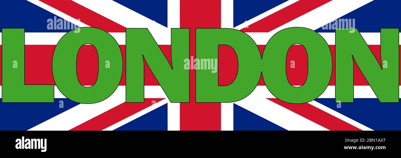 Testo di testo verde di Londra scritto sopra la bandiera del Regno Unito Foto Stock