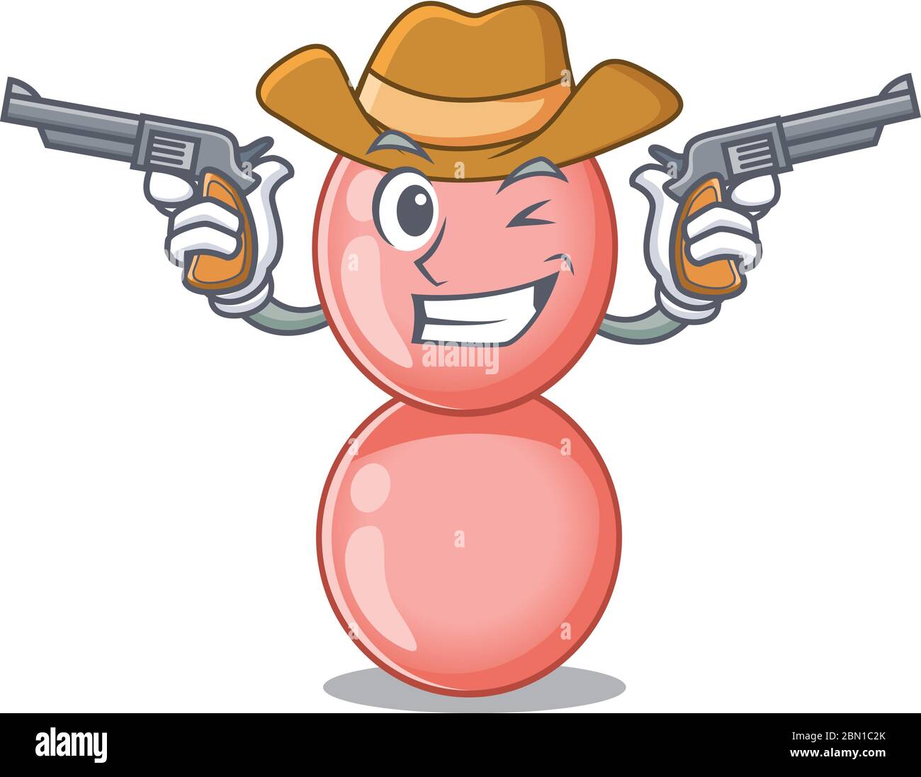 Carino bel cowboy di neisseria gonorrhoeae personaggio cartoon con pistole Illustrazione Vettoriale