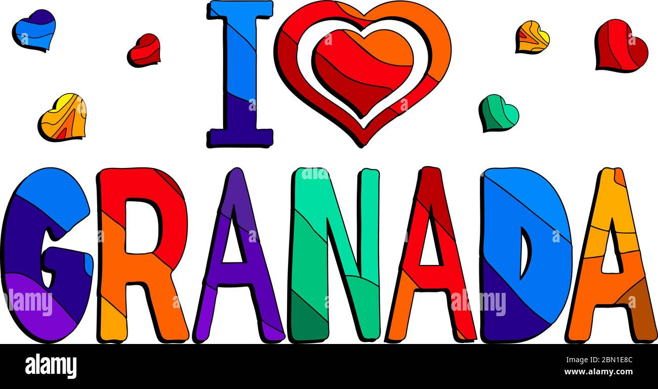 Amo Granada - carina iscrizione multocolorata. Granada è la capitale della provincia di Granada, nella comunità autonoma dell'Andalusia, SPAI Illustrazione Vettoriale