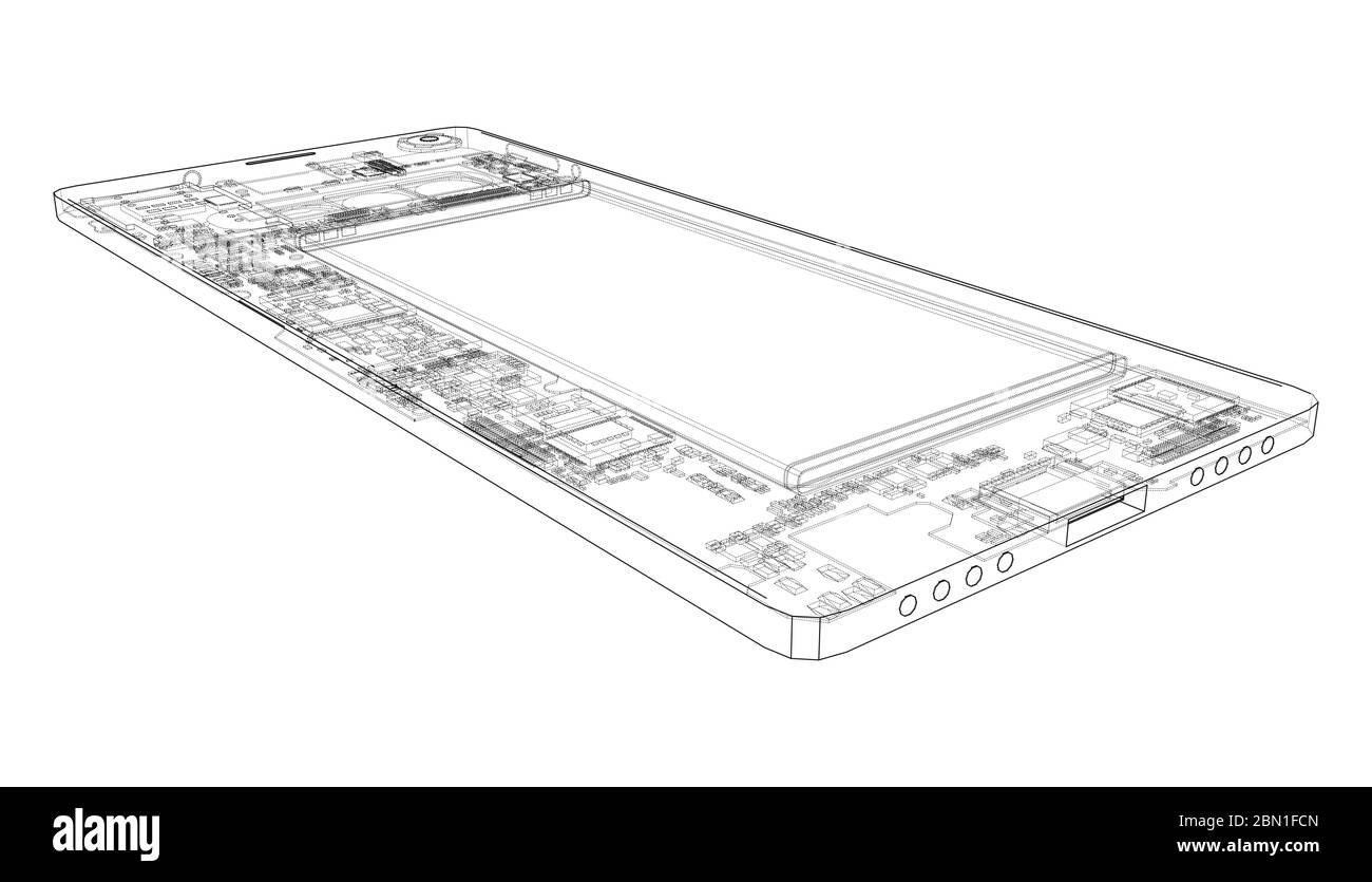 Descrizione del concetto di smartphone. Rendering vettoriale di 3d. Stile con telaio a filo. I livelli delle linee visibili e invisibili sono separati Illustrazione Vettoriale
