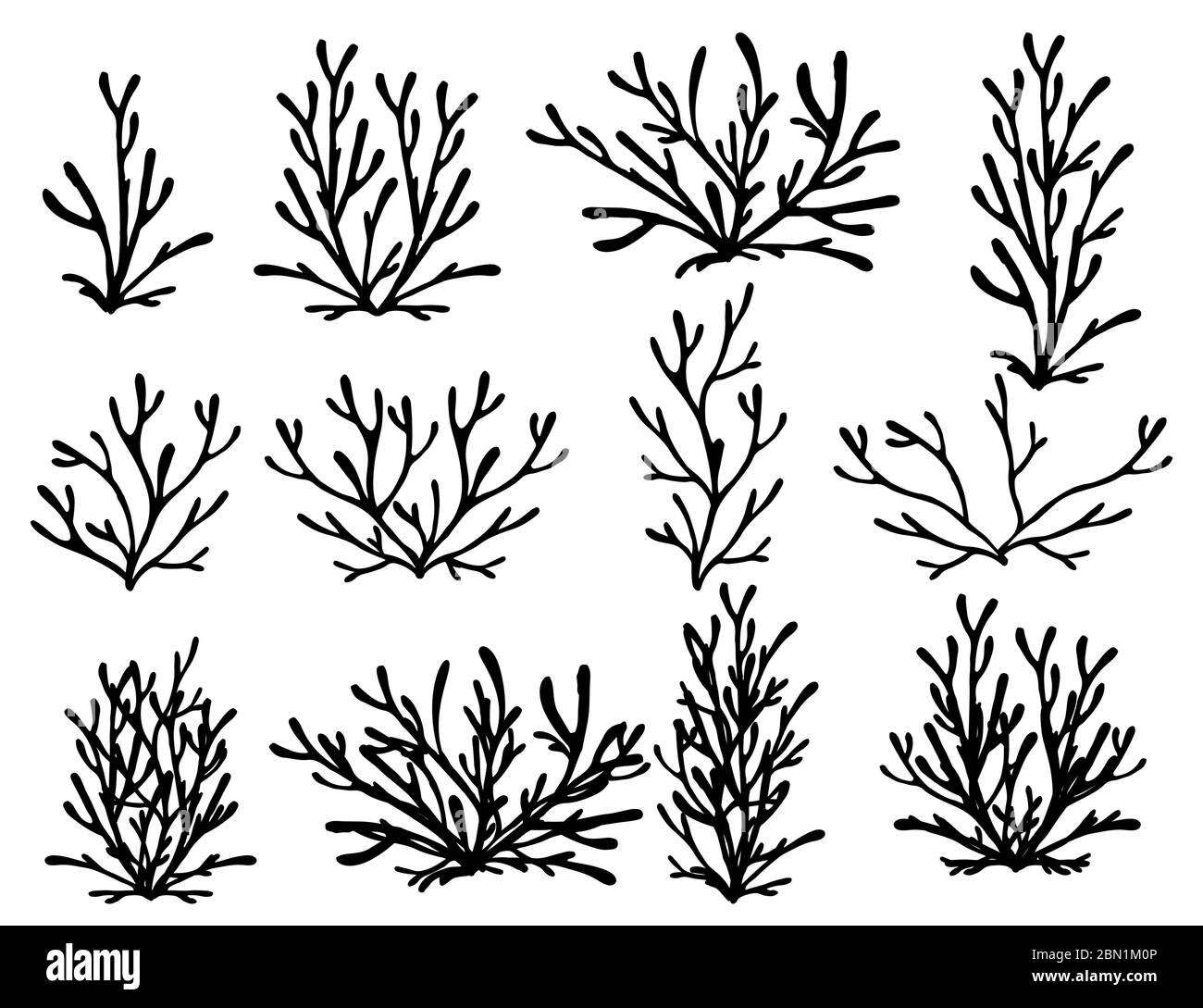 Set di alghe corallo nere silhouette vettoriale piatta illustrazione isolata su sfondo bianco Illustrazione Vettoriale