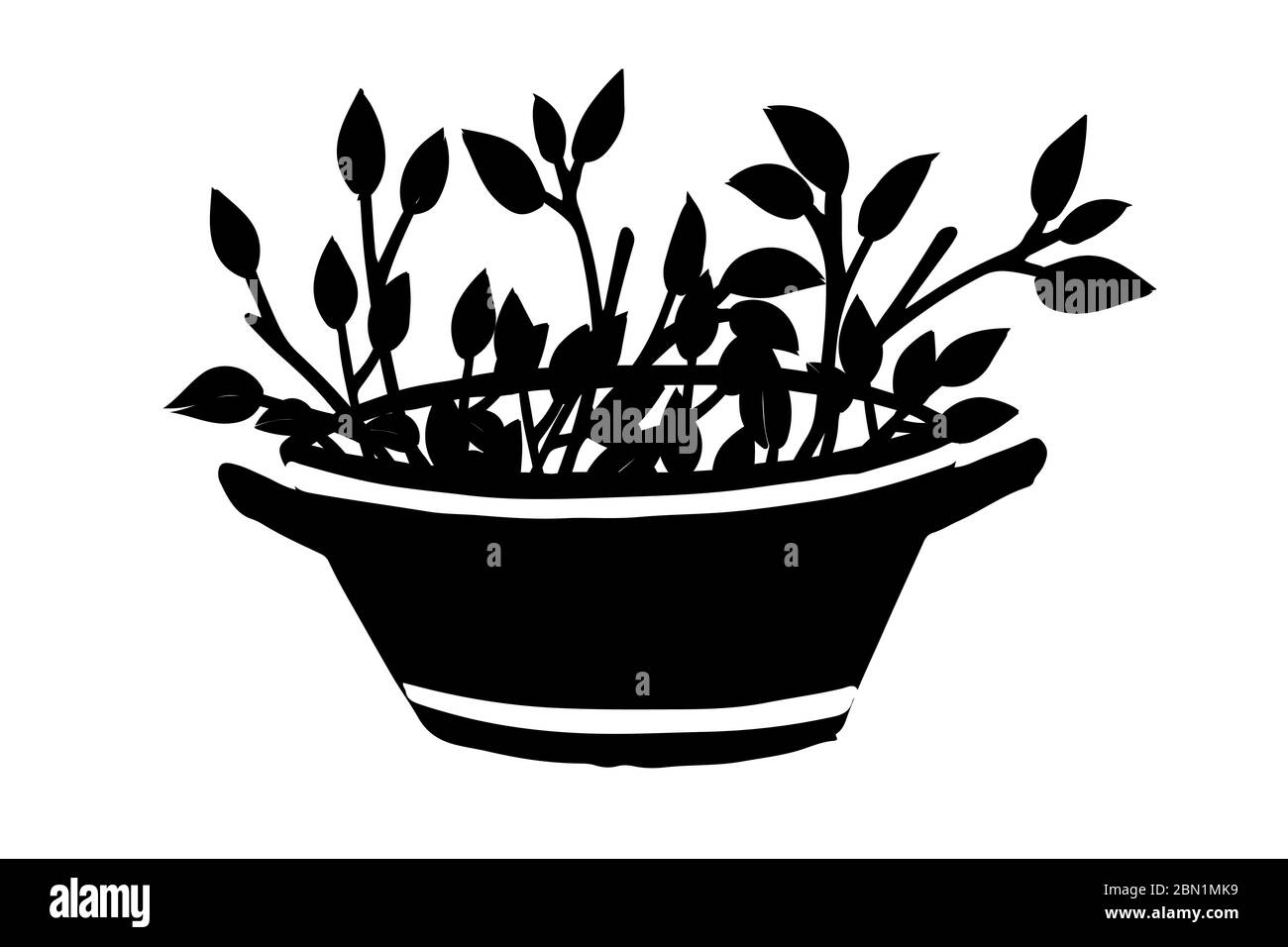 Silhouette nera bacino in metallo con foglie in giardino bacino con disegno creativo sporco disegno piatto vettore illustrazione isolato su sfondo bianco Illustrazione Vettoriale