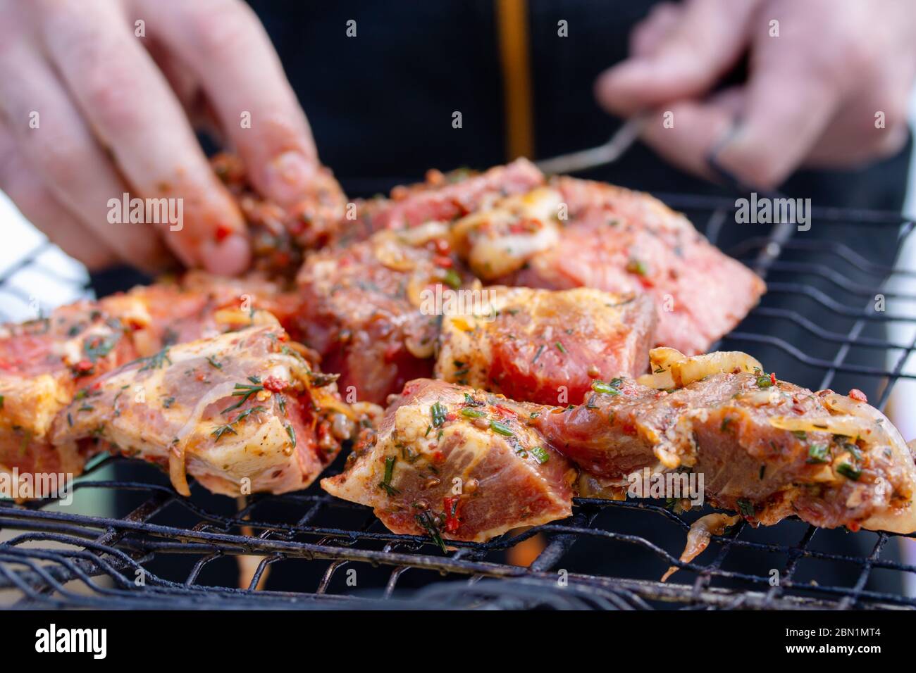 Carne di maiale cruda e succosa marinata in grate alla griglia. Cibo fresco preparato per barbecue. Cucina estiva all'aperto Foto Stock