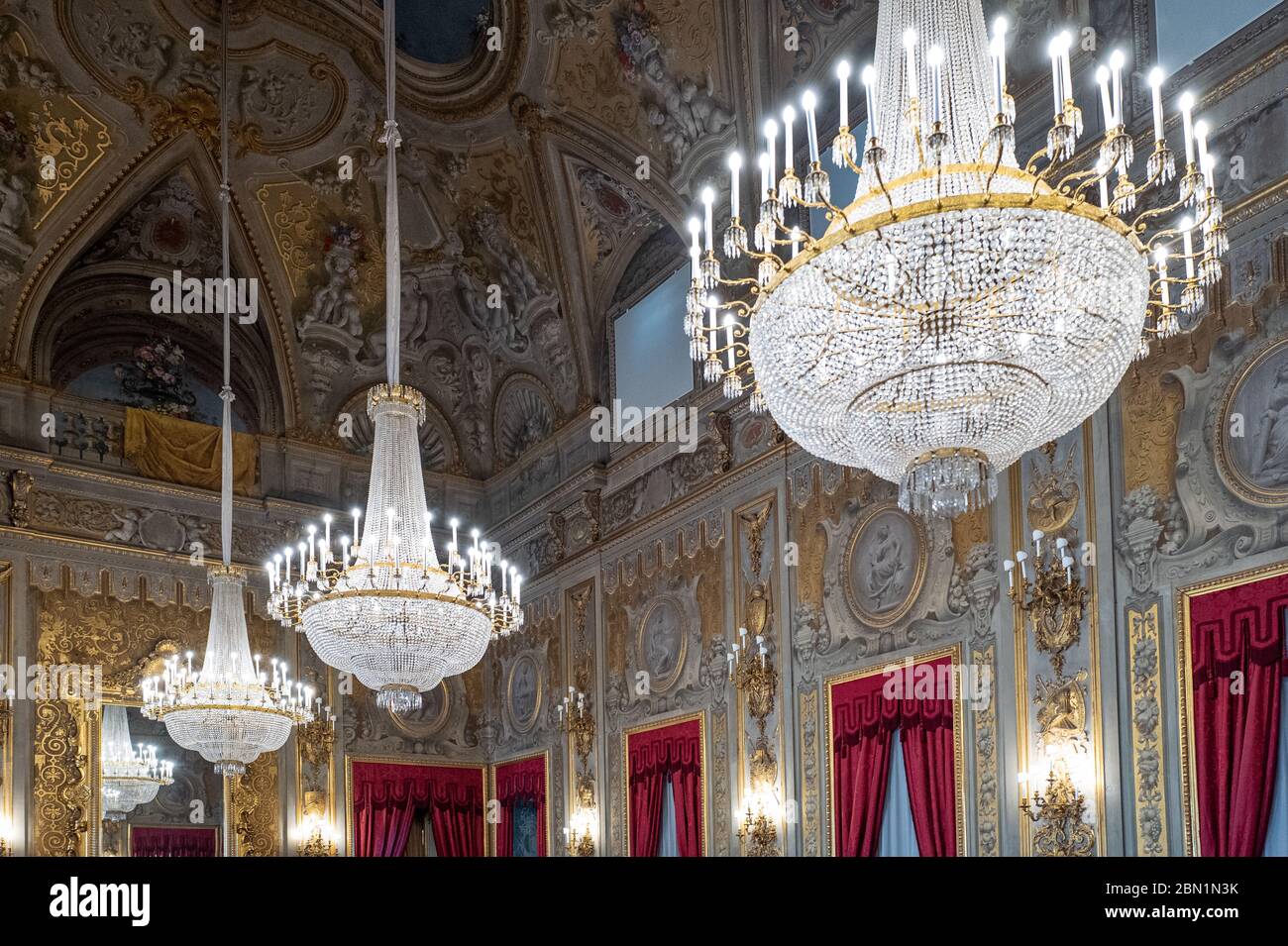 Roma, Italia - 11 gennaio 2019: Sala delle feste nel palazzo del Quirinale Foto Stock