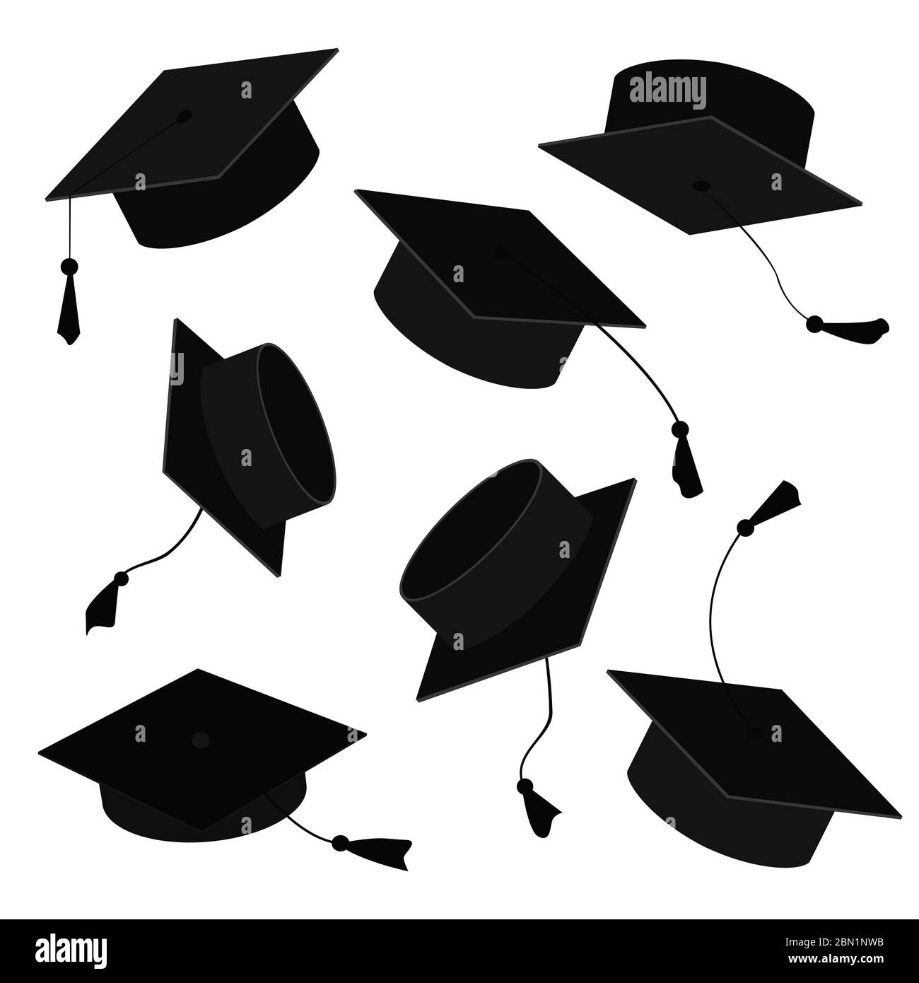 Tappi graduati in aria. Cartoni animati vettoriali raffigurazione di cappelli grad in diverse posizioni isolati su sfondo bianco Illustrazione Vettoriale