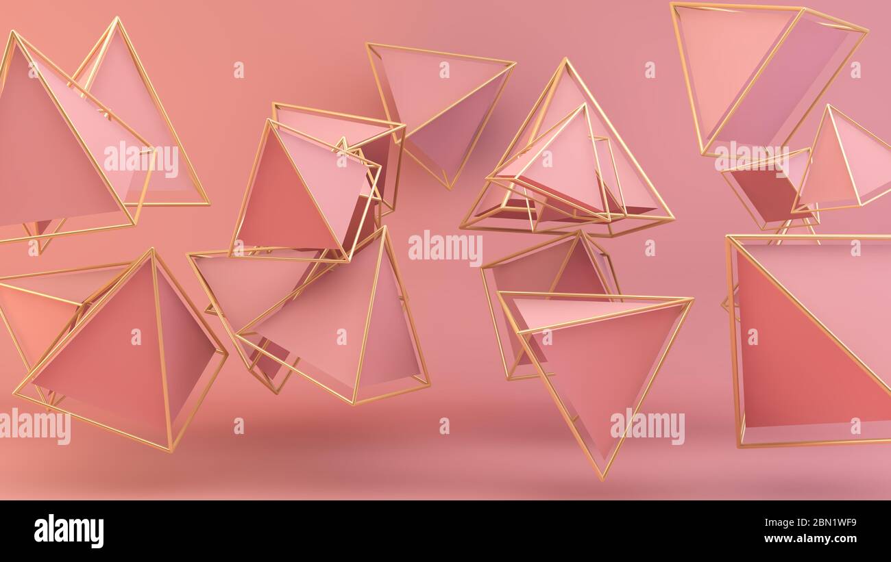 Piramidi galleggianti rosa con dettagli dorati rendering 3d Foto Stock
