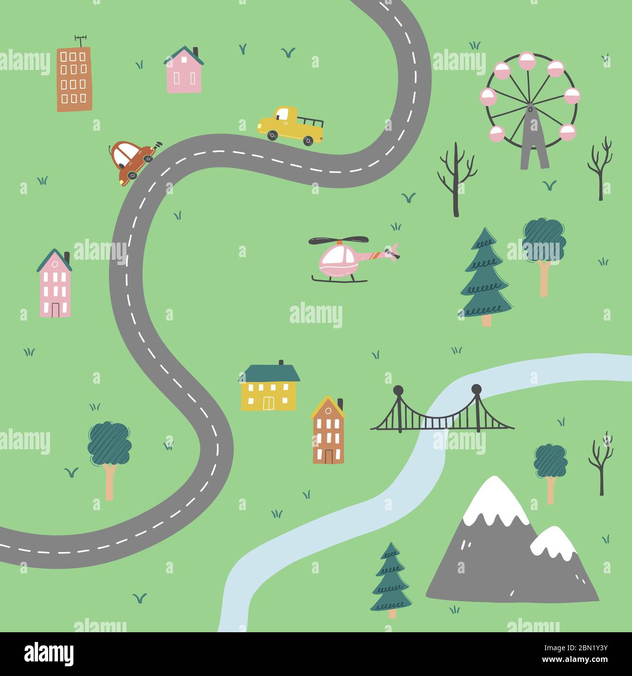 Cartoon cute mappa per bambini con auto, strada, città elementi paesaggistici. Auto, costruzione, strada di disegno a mano, stile giocattolo per bambini. Illustrazione vettoriale. Illustrazione Vettoriale
