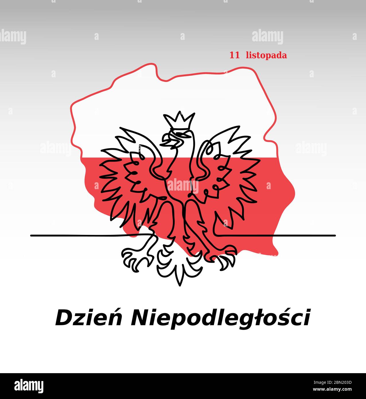 Bandiera polacca con stemma, aquila, bandiera e mappa. Translation Independence Day, 11 novembre. Concept Vector design.un disegno a linea continua per Illustrazione Vettoriale